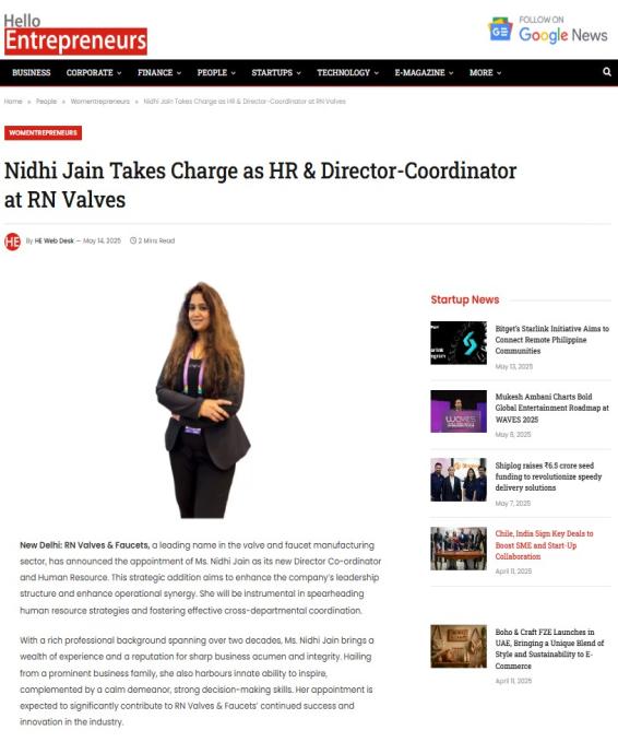 Nidhi Jain Takes Charge as HR & Director-Coordinator at RN Valves